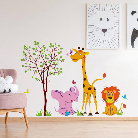 Nursery Animal Wall Decor Vinyl Sticker - Art Jungle Kid Baby Set Cute Decal - African Elephant Giraffe Girl Room Wild Boy Child Mural - Fancy Nursery